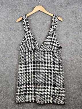 ZARA Plaid Tweed Deep V-Neck Babydoll Pinafore Mini Dress
